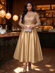Fleurora Plus Size Women's Contrast Lace Round Neck Long Sleeve Elegant Dress - Coffee Brown - View 4