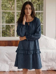 DAZY Women's Solid Color Pleated Casual Daily Home Sleep Dress - Navy Blue - View 11