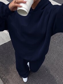Muchica 女款 2 件組休閒極簡連帽衫套裝，純色運動衫套裝，適合約會、度假、派對、日常穿著、聚會、戶外活動 - 藏蓝色 - 查看 6