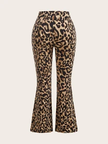SHEIN EZwear Plus Size 2pcs Leopard Print Grey High Waist Crossover Fitted Casual Flare Leg Pants Set, Suitable For Autumn/Winter - Multicolor - View 4