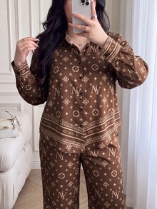 Vibekara Versatile Elegant Brown All-Over Print Long Sleeve Shirt + Straight Leg Wide Leg Pants Loose Fit Slimming Casual 2 Pieces Set - Rust Brown - View 4
