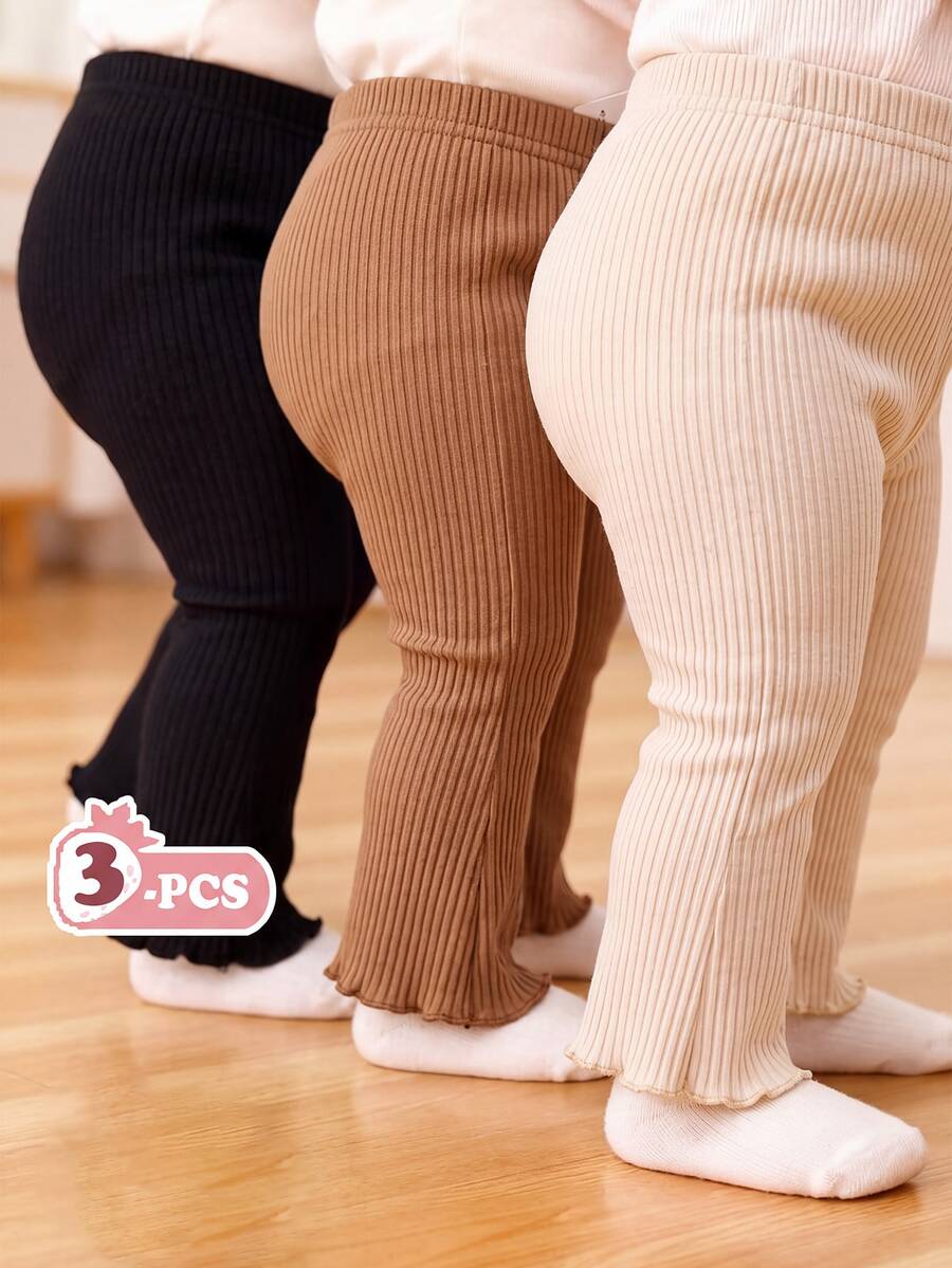 SHEIN 3pcs/Set Baby Girl Elastic Thick Ribbed Flare Leggings Long Pants Suitable For Winter - Brown - View 1