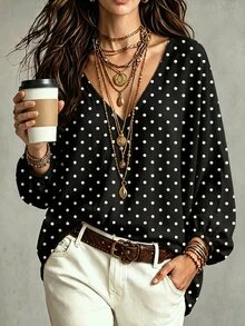 SHEIN Women's Autumn/Winter New Hot-Selling Polka Dot Print Pattern Casual Versatile C-Neck Blouse - Multicolor - View 3