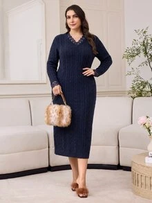 Veilorie Plus Size Women Casual V-Neck Long Sleeve Lace Patchwork Knit Dress - Navy Blue - View 6