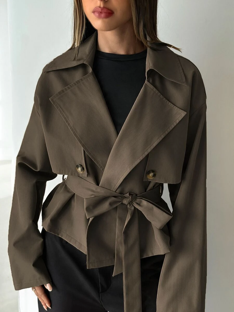 Aloruh Women's Solid Color Lapel Neck Double-Breasted Casual Trench Coat Jacket - Mocha Brown - View 1