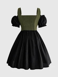 ROMWE Fairycore Plus Size Women's Floral Embroidered Pattern Pleated Mori Style Pastoral Party Dress - Black - View 2