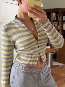 Muchica Plus Size Women's Striped Zipper Front Casual Knit Cardigan - Multicolor - View 6