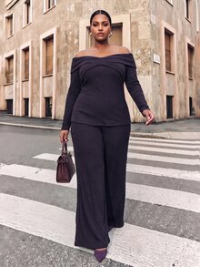 Zivah Spring/Summer Women's Plus Size New Bold, Classy Feminine Style Tummy Control Fit Breathable Elegant Romantic Classic Earthy Yellow Textured Knit Tie-Front Blouse And Long Wide-Leg Pants Set - Purple - View 4