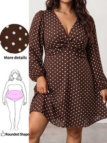 Enliva Plus Size V Neck Polka Dot Dress For Date Night And Brunch - Brown - View 1