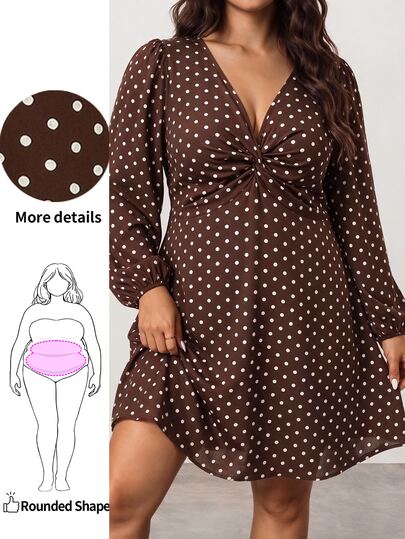 Enliva Plus Size V Neck Polka Dot Dress For Date Night And Brunch Fall
