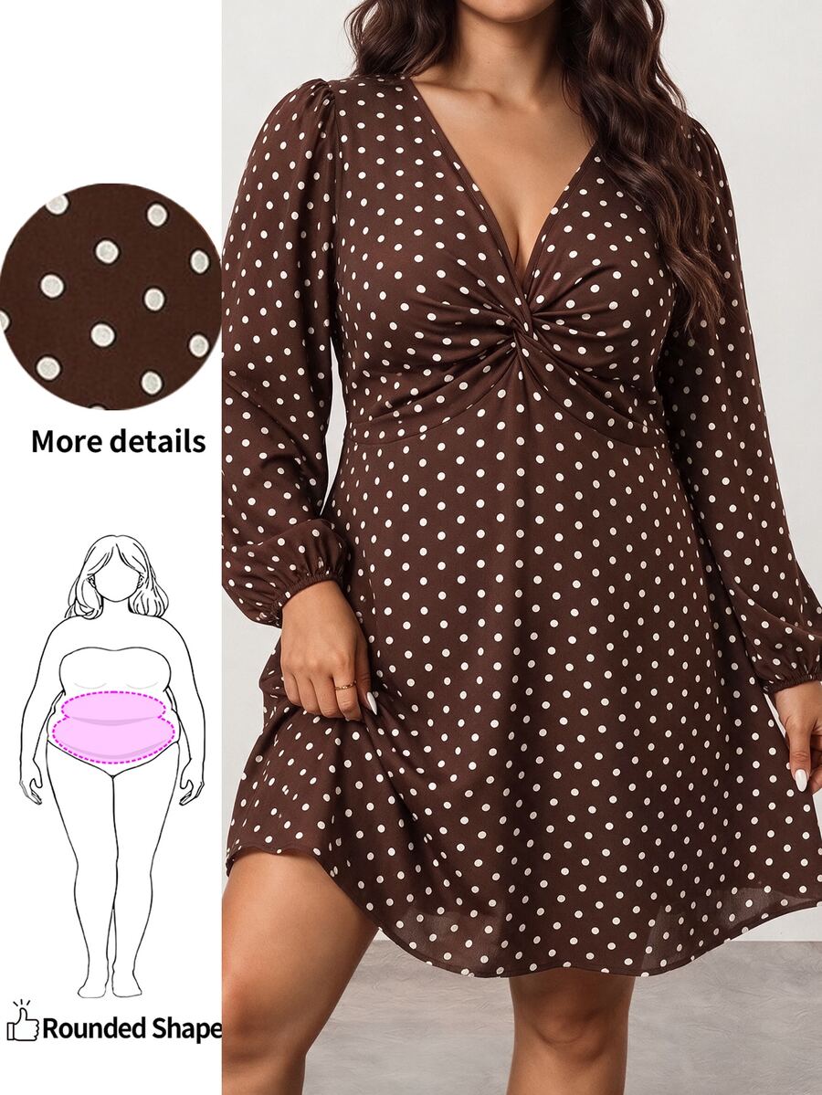 Enliva Plus Size V Neck Polka Dot Dress For Date Night And Brunch - Brown - View 1