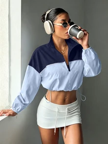 Easithlete 女款寬鬆白色半拉鍊長袖運動衛衣，對比色羅紋拼接，抽繩下擺，梭織面料，休閒穿搭，秋季 - 彩色 - 查看 6