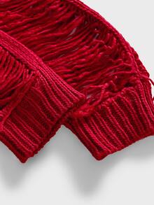 FeverCity Men's Solid Color Crew Neck Distressed Long Sleeve Casual Sweater - Burgundy - View 4