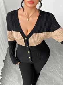 Elenzga Plus Size Women's Black & Contrast Color V-Neck Knitted Cardigan, Cinched Waist Slim Fit, Metal Gold Buttons, Vertical Ribbed Cable Texture, Flattering Commuter Versatile Outerwear - Multicolor - View 5