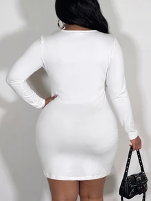 Slaydiva Sexy Street Date Party Women Slim Fit High Elastic Long Sleeve White Hidden Button Webbing Decor Plus Size Mini Dress - White - View 4