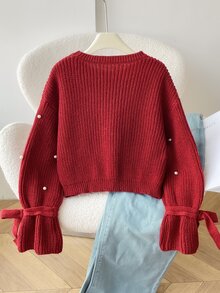 SHEIN 少女女孩秋冬休閒優雅紅色針織珠飾袖口蝴蝶結圓領套頭毛衣，適合返校、日常穿著、聖誕紅色毛衣 - 紅色 - 查看 2