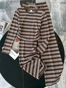 SHEIN Tween Girl Striped Long Sleeve T-Shirt And Pants Casual Daily Outfit - Coffee Brown - View 1
