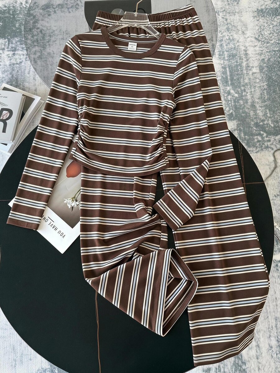 SHEIN Tween Girl Striped Long Sleeve T-Shirt And Pants Casual Daily Outfit - Coffee Brown - View 1