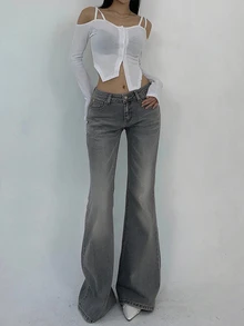 DAZY Women's Minimalist Low Waist Zipper Fly Flare Jeans Suitable For Daily Wear - Grey - View 4