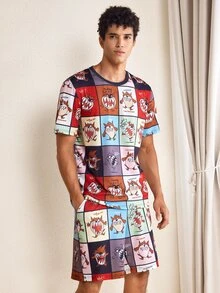 LOONEY TUNES X SHEIN Men's Cartoon Print Short-Sleeve Shirt And Shorts Loungewear Set - Multicolor - View 3