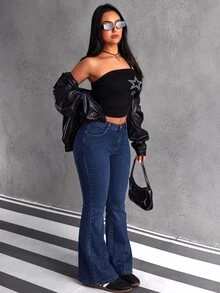 SHEIN PETITE 女款性感鈕扣口袋喇叭牛仔褲 - 藍色 - 查看 4
