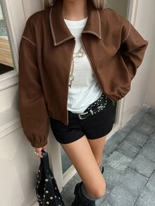 Livesso Women's Fashion Street Maillard Drop Shoulder Jacket - Brown - View 3