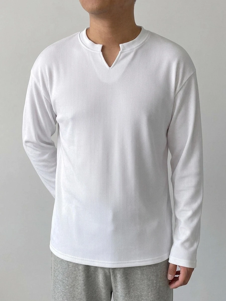 DAZY Men's Long-Sleeved T-Shirt With White Knit Fabric And Small V-Neck For Spring And Autumn - White - View 1