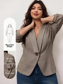 Enliva Plus Size Women's Plaid Blazer Single Button Notched Lapel Ruched Sleeve Office Casual Blazer Flattering Compatible With Apple Shape Rounded Body - Brown - View 1