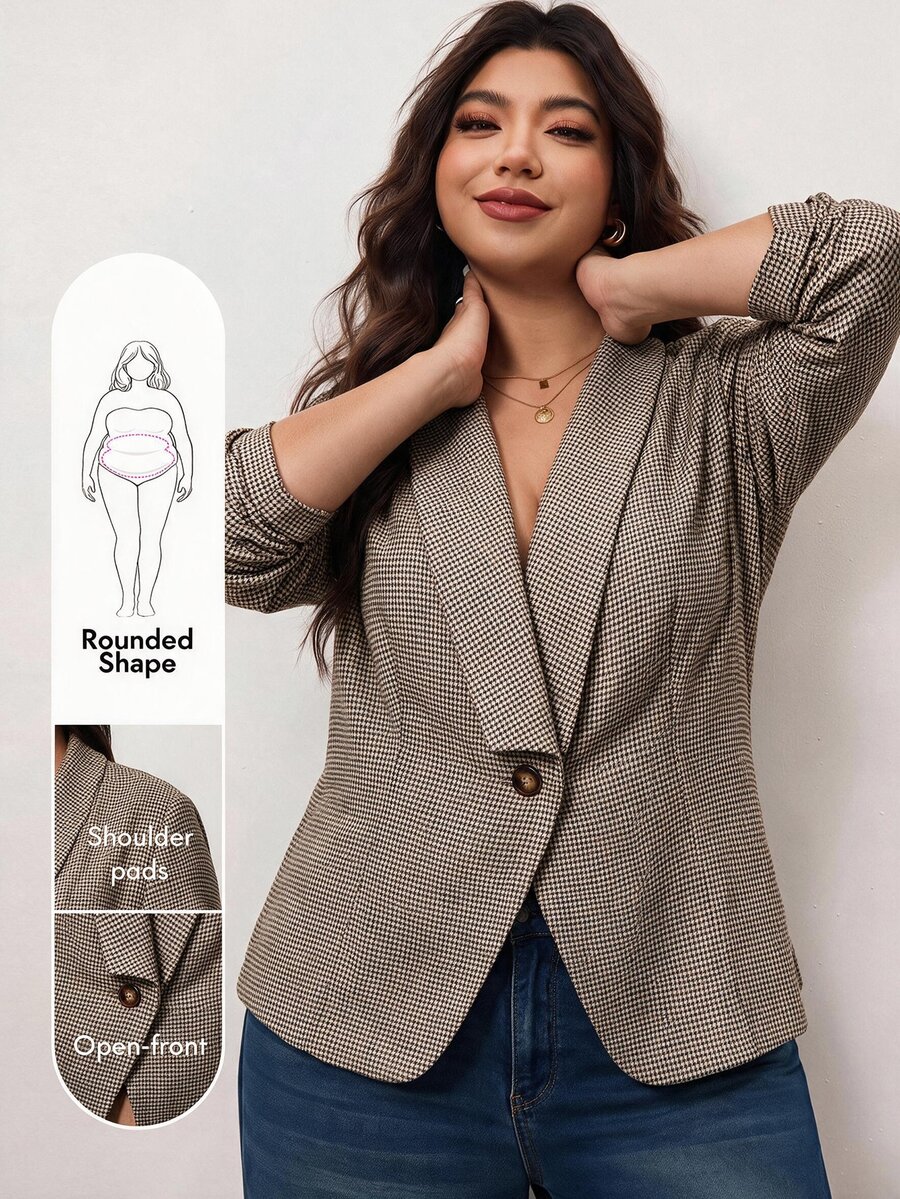 Enliva Plus Size Women's Plaid Blazer Single Button Notched Lapel Ruched Sleeve Office Casual Blazer Flattering Compatible With Apple Shape Rounded Body - Brown - View 1