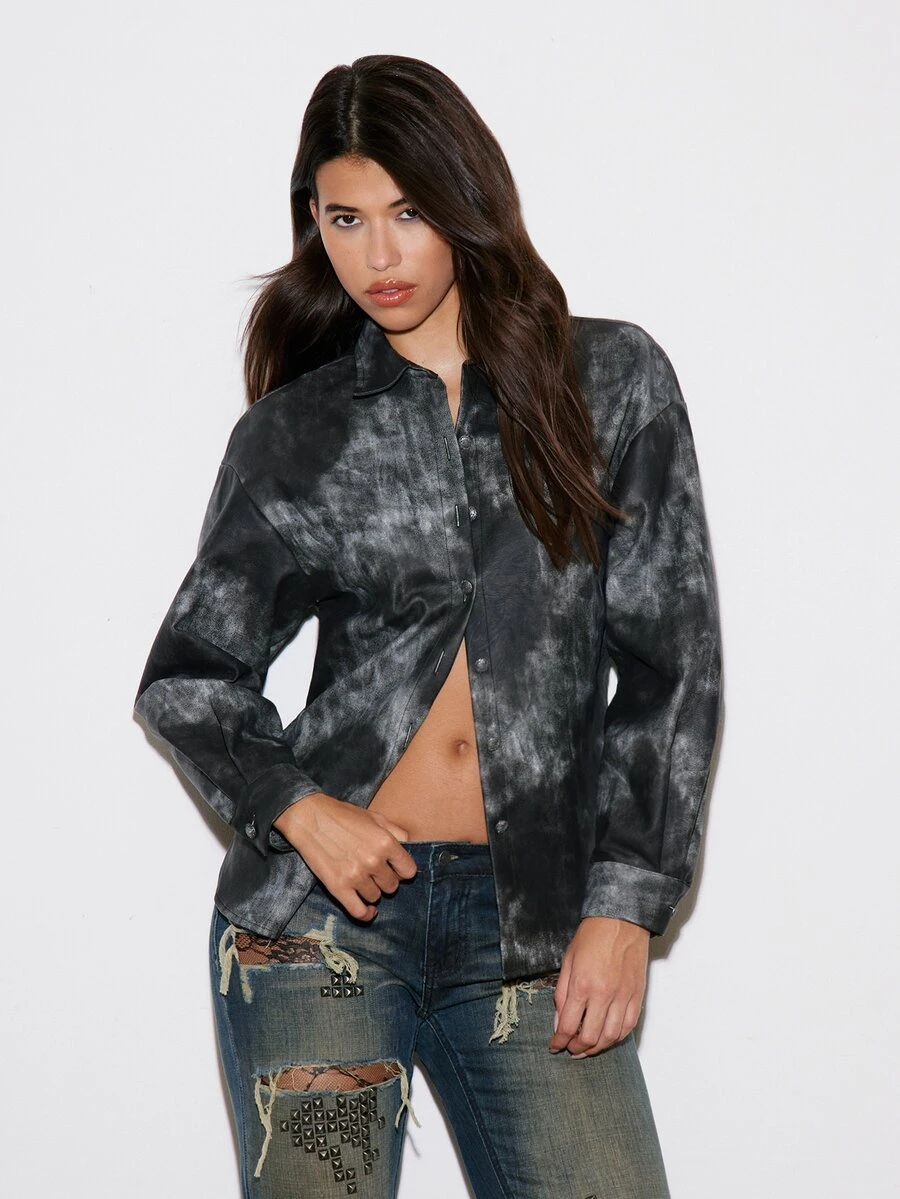 BAD SUNDAY Women's Autumn/Winter Oversized Dropped Shoulder PU Shirt, Versatile Y2K Retro Style - Black - View 1