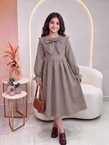Tween Girl Tween Girl Tween Girl Tween Girls Long Sleeve Plaid Cinched Waist Bow Exaggerated Collar Long D - Khaki - View 13