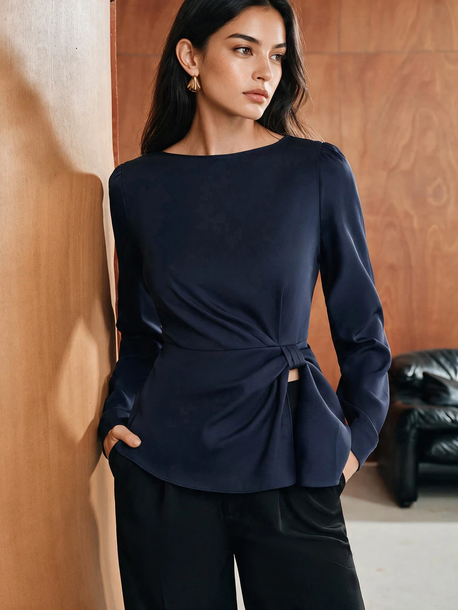 Anewsta Atasan Wanita Lengan Panjang Elegan Serbaguna dengan Desain Kerah Perahu Warna Polos Terbaru untuk Awal Musim Gugur, Belahan Pinggang, dan Detail Kerutan - Navy Blue - View 1