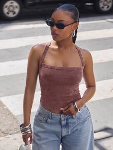 Denimoi Square Neck Cross Back Rib Knit Tank Top Fashionable Everyday Wear Basic Tank Top - Burgundy - View 2