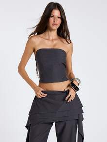 MUSERA Black Bandeau Strapless Top Fall Winter Women Outfit Casual - Dark Grey - View 1