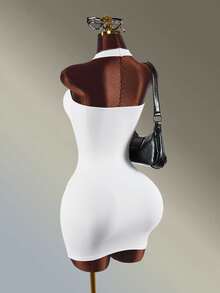 Amplova Women's White Halter Neck Pleated Athletic One-Piece Dress - White - View 9