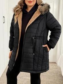 SHEIN CURVE+ Plus Size Thickened Hooded Longline Thermal Lined Long Sleeve Winter Jacket, Solid Black - Black - View 3