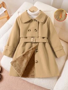 Elladie kids 女童簡約雙排扣中長版風衣，春秋時尚腰帶夾克 - 卡其色 - 查看 1