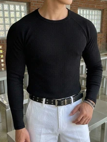 DAZY Spring/Autumn Black Slim Fit Raglan Sleeve Crew Neck Ribbed Elastic Knit Fabric Streetwear Men's T-Shirt - Black - View 8