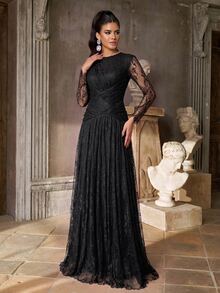 Aureia Elegant Romantic Fashionable Graceful Lace Fabric Cup Pleated Decoration Pleated Hem Super Full Skirt Elegant Party Dress Wedding Guest Dress Bachelorette Party Dress Formal Evening Gown - Black - View 3