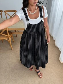 Enliva Plus Size Autumn Striped Loose Fit Pinafore Dress For Office Casual Formal Apple - Black - View 9