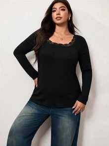 Enliva Plus Size Women's Cotton Blend Long Sleeve T Shirt Square Neck Casual Basic Top Flattering Compatible With Apple Shape - Black - View 6