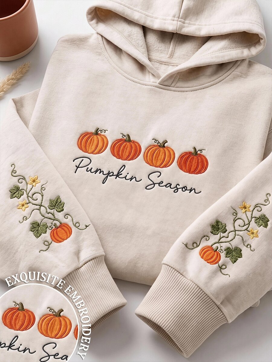 SHEIN EZwear 女款字母南瓜刺繡圖案休閒日常長袖連帽衛衣,簡約印花圖案,杏色,寬鬆版型,加厚 - 杏色 - 查看 1