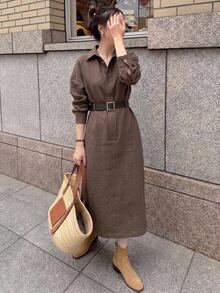 DAZY Women's Simple Button Long Sleeve Dress For Vacation And Travel Winter - Brown - View 8
