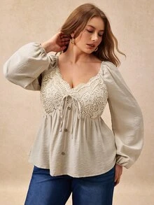 Écloséra Curve Plus Size Women's Fall/ Fashion Romantic Elegant Casual Comfortable Daily Shirt With Chest Floral Patch Party Date Night Grey - Apricot - View 4