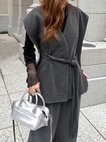 FRIFUL Women's Elegant Casual Grey V-Neck Tie Waist Vest Office Formal Black Winter - Grey - View 6