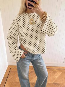 SHEIN EZwear 海外長袖奶油黃底棕色波點印花圖案秋季上衣，適合日常通勤、派對、秋冬春夏、聖誕節、新年、感恩節、婚禮、海灘、畢業典禮、優雅、外出、約會、通勤、情人節、度假、Y2K、畢業典禮等場合 - 彩色 - 查看 5