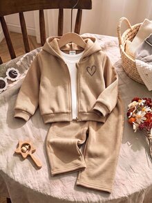 Baby Girls Heart Pattern Zipper Pullover Jacket And Loose Sweatpants Set - Khaki - View 7