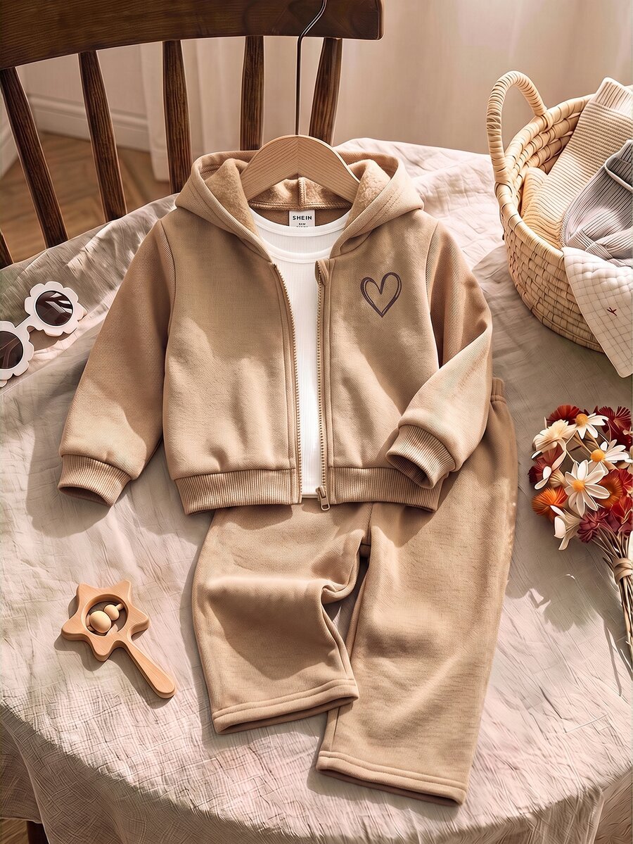 Baby Girls Heart Pattern Zipper Pullover Jacket And Loose Sweatpants Set - Khaki - View 1