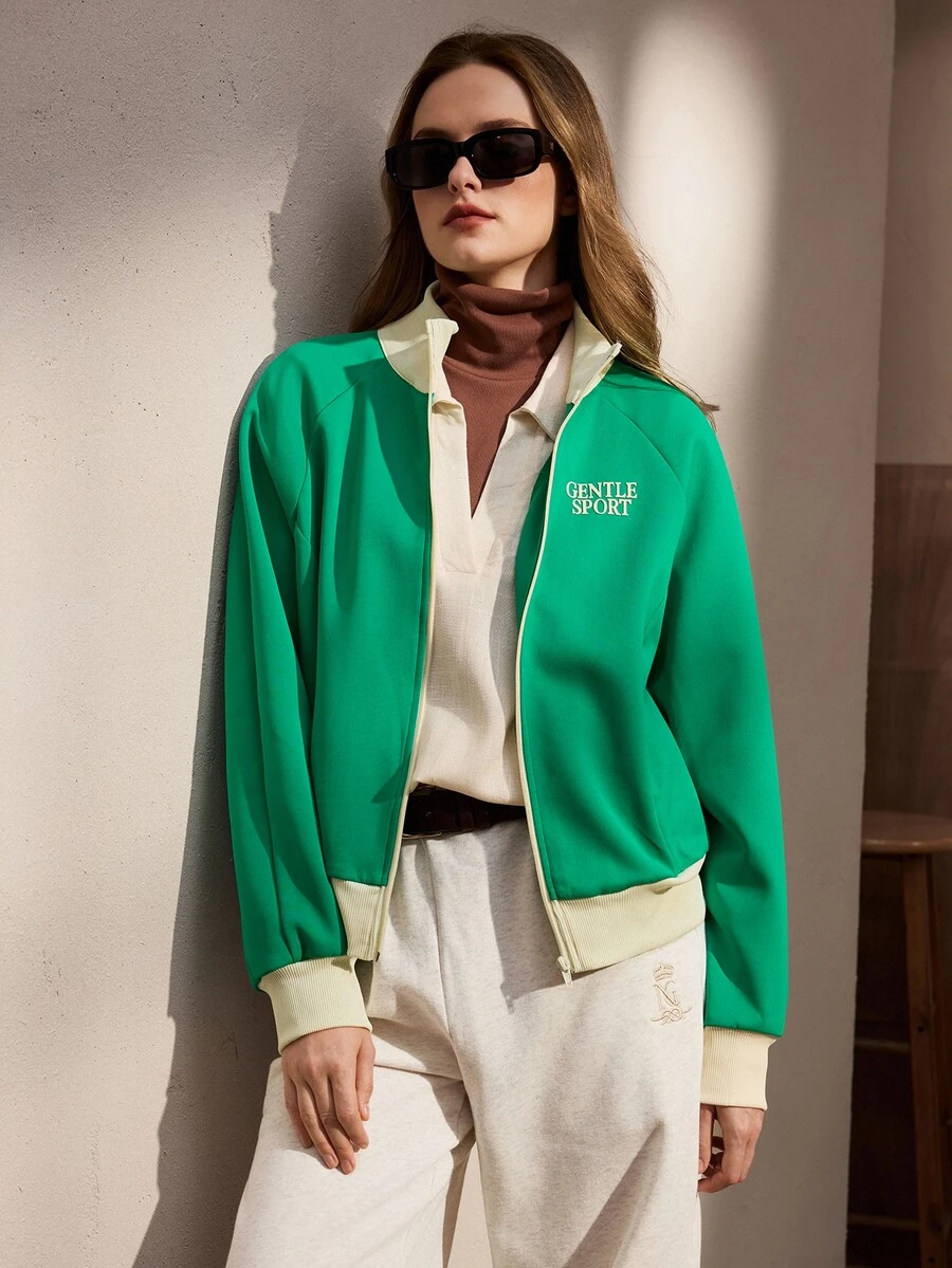 Nima Coro Letter Print Contrast Color Stand Collar Zip-Up Long Sleeve Sweatshirt Suitable For Daily Wear - Green - View 1