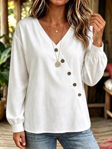 Velvienne Women's Plus Size V-Neck Long Sleeve Asymmetrical Hem Top, Casual Outing Blouse, Autumn/Winter Fall - White - View 5